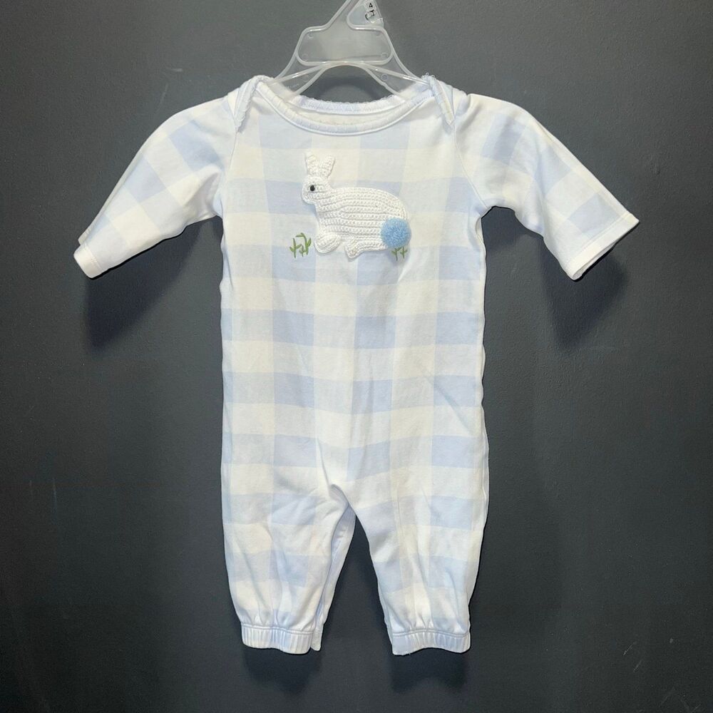 Mudpie Bunny Romper Infant 0-3m Easter Checker Print Blue White